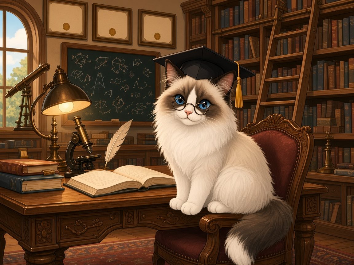 Dr. Bob, wearing glasses and a graduation cap, sits on a chair at a desk in a cozy study full of books, with a chalkboard and microscope.