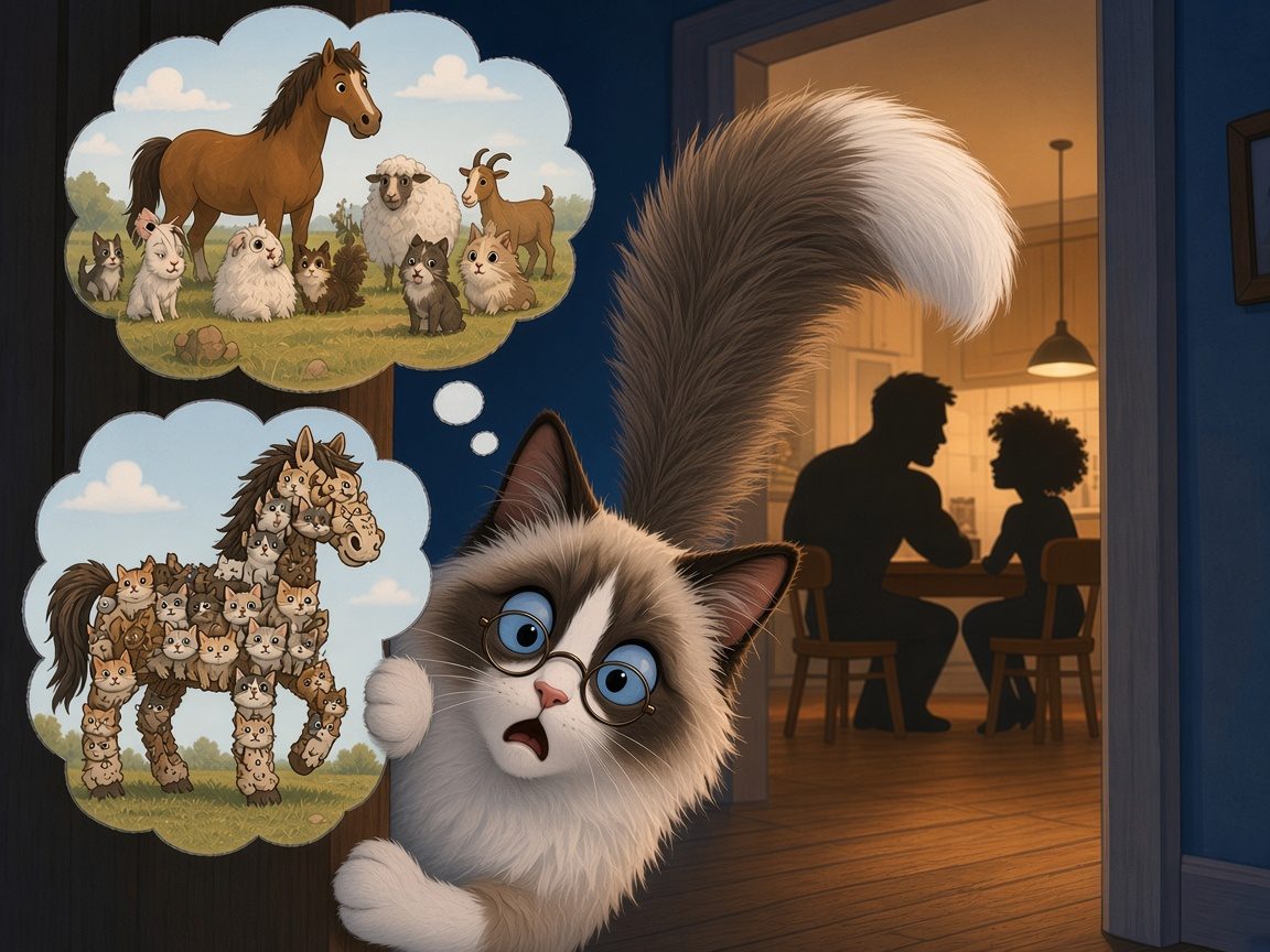 A wide-eyed Dr. Bob peeks around a doorway, imagining farm animals and a horse made of cats in thought bubbles, while two silhouetted figures talk at a kitchen table.
