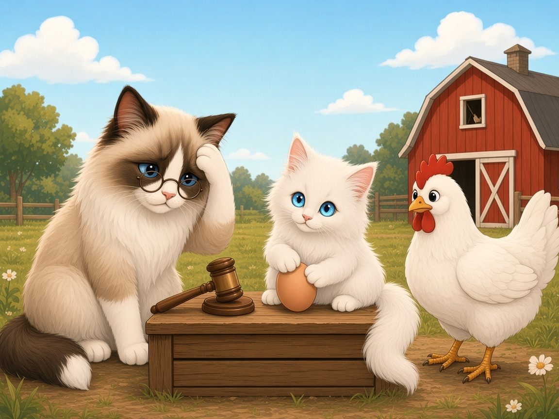 Outside by the red barn, Dr. Bob scratches his head beside a wooden gavel while Butter holds a brown egg and a white hen looks on.